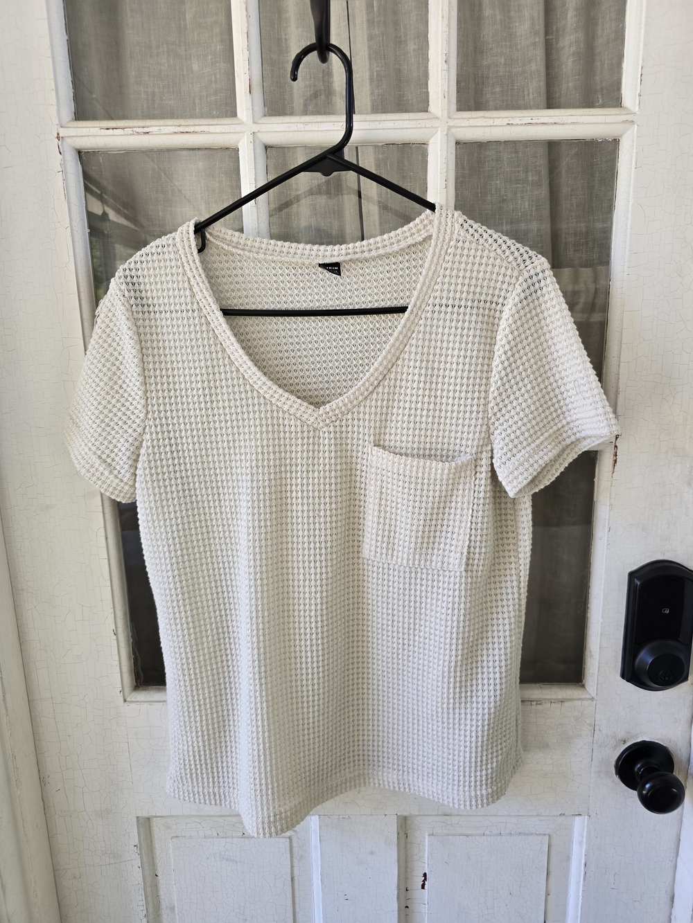 SHEIN Cream Waffle Knit V-Neck Pocket Tee